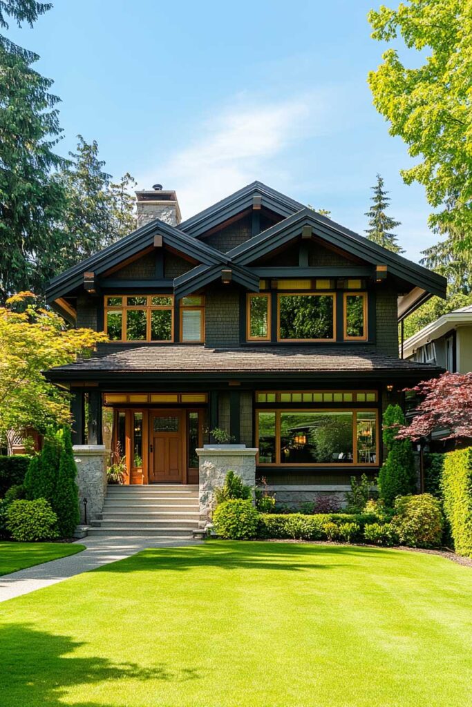 Green modern craftsman house with black trim, wood details, large front porch, and manicured lawn surrounded by trees and shrubs.