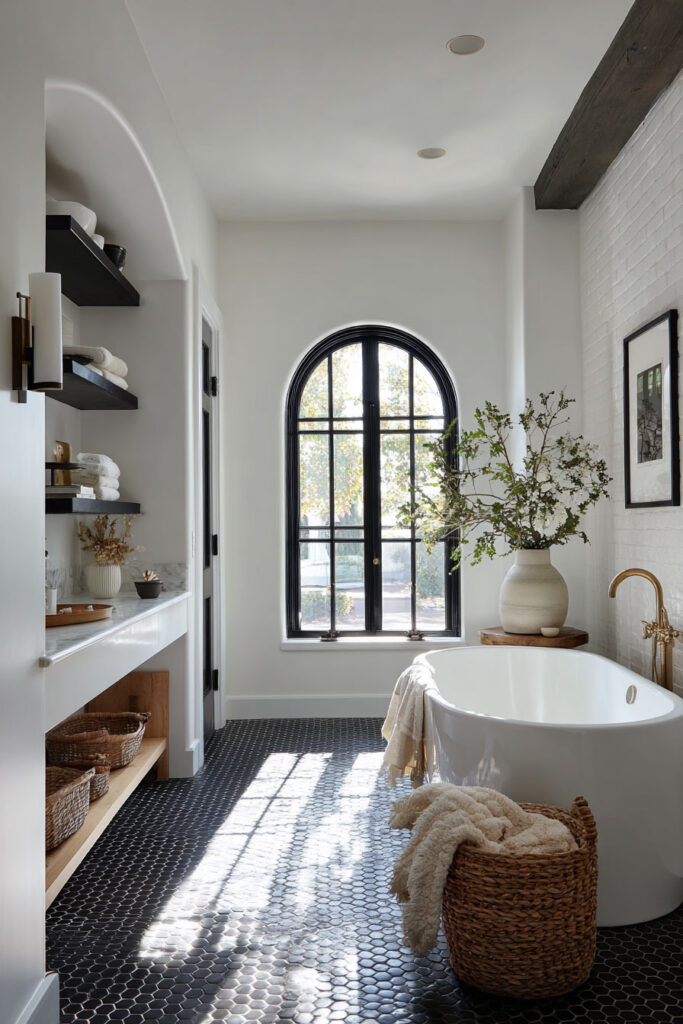 Bright monochrome bathroom featuring a freestanding white tub, black hex tile floor, arched black window, and minimal modern styling.