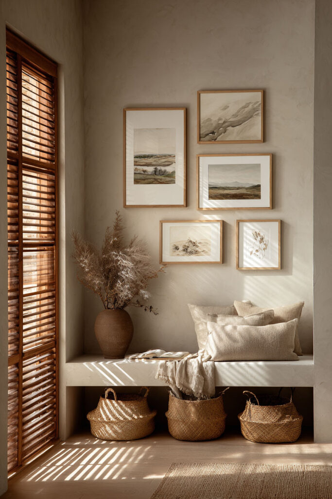 Neutral-toned gallery wall with landscape artwork, linen cushions, woven baskets, and sunlight filtering through wooden blinds in a cozy corner.
