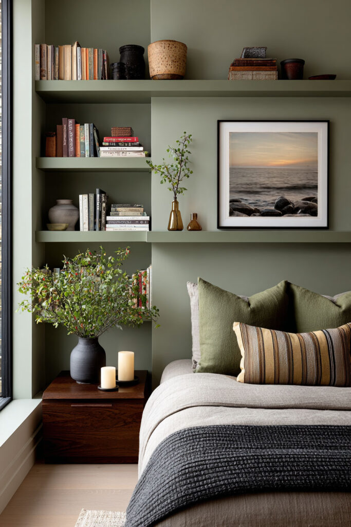 Sage green built-in bedroom shelves with warm wood accents, neutral bedding, and cozy layered textures.