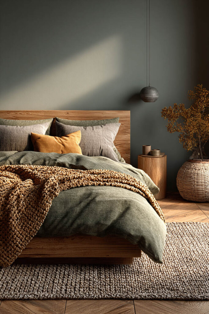 Modern sage green bedroom with warm ochre accents, wooden bed frame, and textured knit blanket for a cozy earthy look.