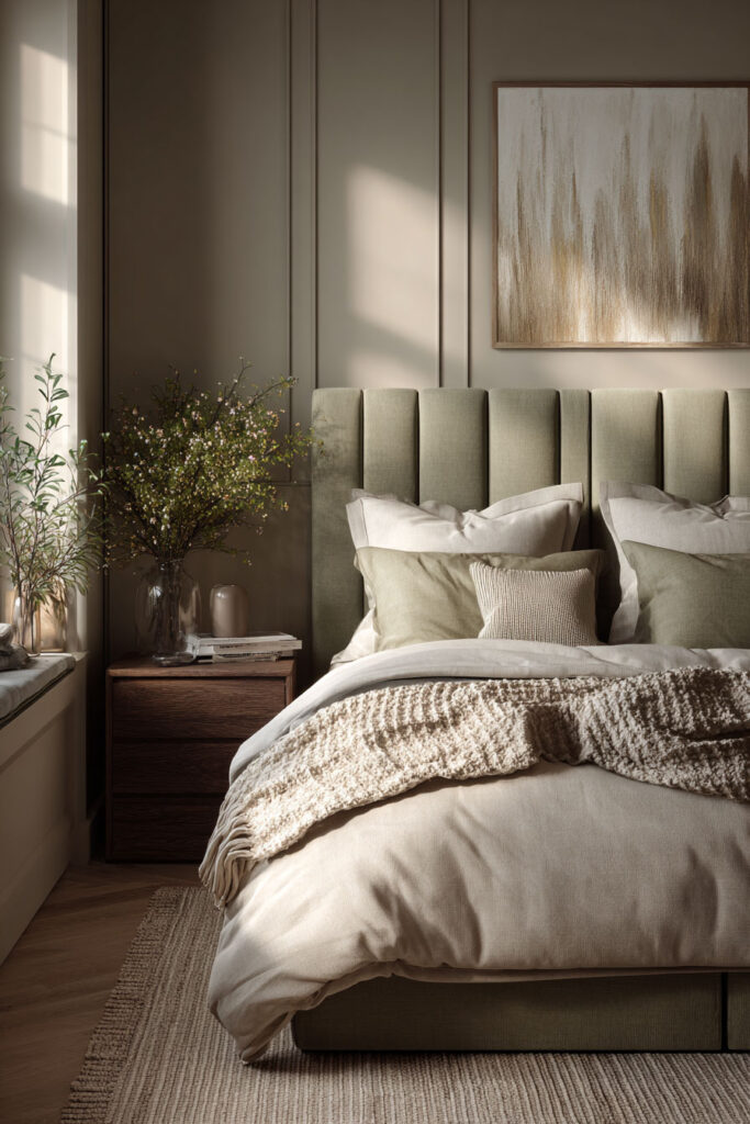 A cozy bedroom with a vertical channeled sage green upholstered headboard, layered neutral bedding, and soft natural lighting from a nearby window.