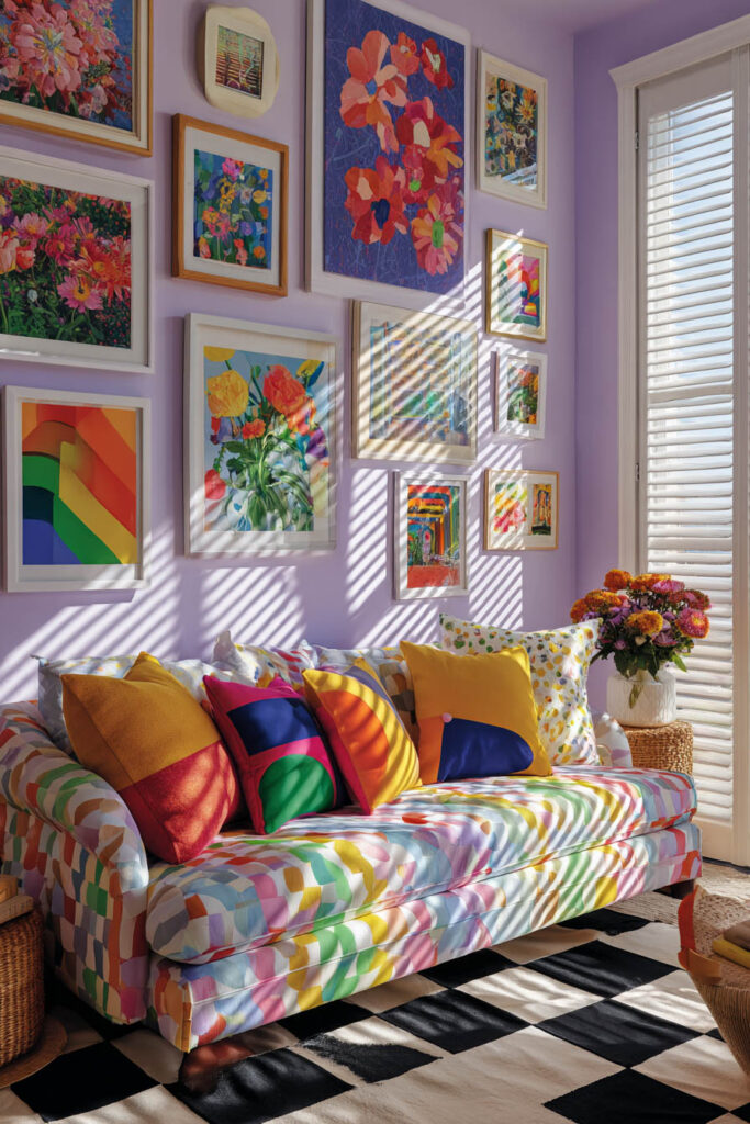 Colorful gallery wall with vibrant floral and rainbow artwork, patterned sofa with bright pillows, lilac walls, and sunlight through shutters.