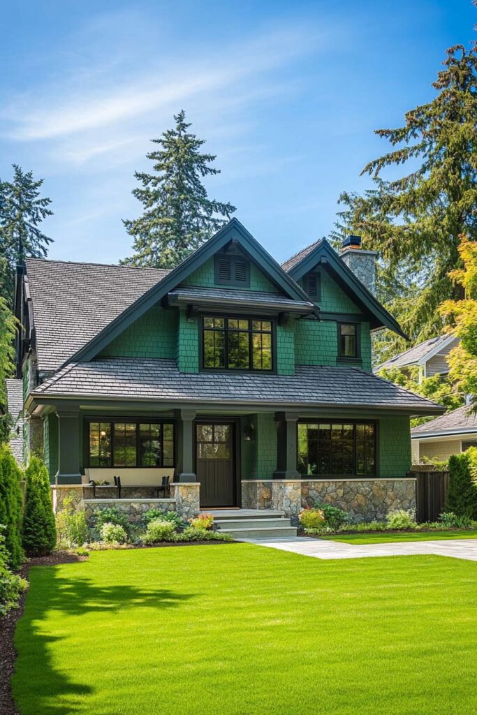 Green craftsman home with stone base, dark trim, gabled roof, and front porch surrounded by evergreen landscaping and manicured lawn.