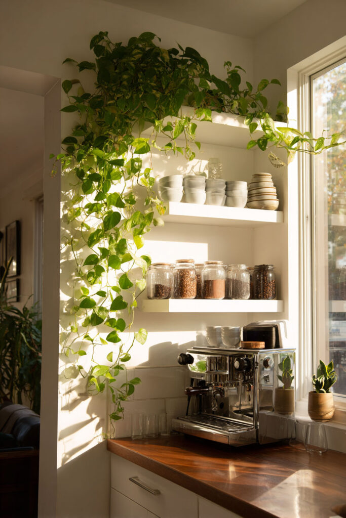 Bright kitchen with trailing pothos vines, open shelves, and cozy coffee station in natural light.