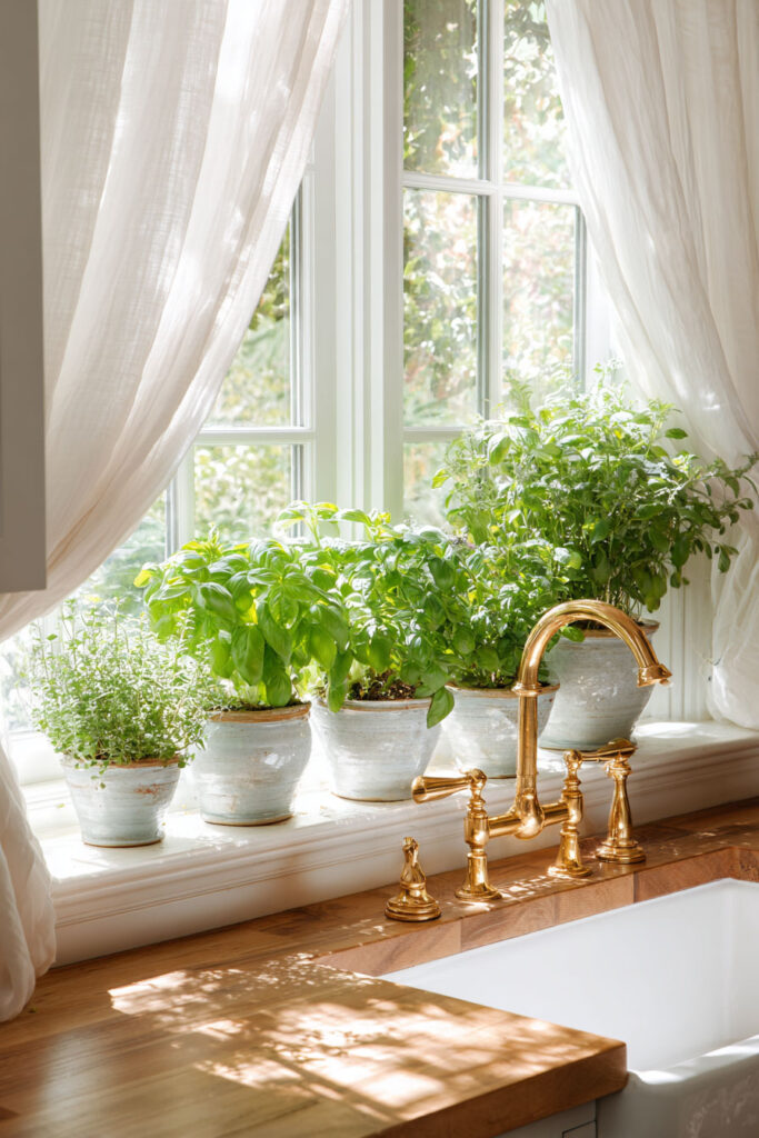 Kitchen windowsill herb garden with basil and thyme in white pots, brass faucet, wood countertop, and natural sunlight.