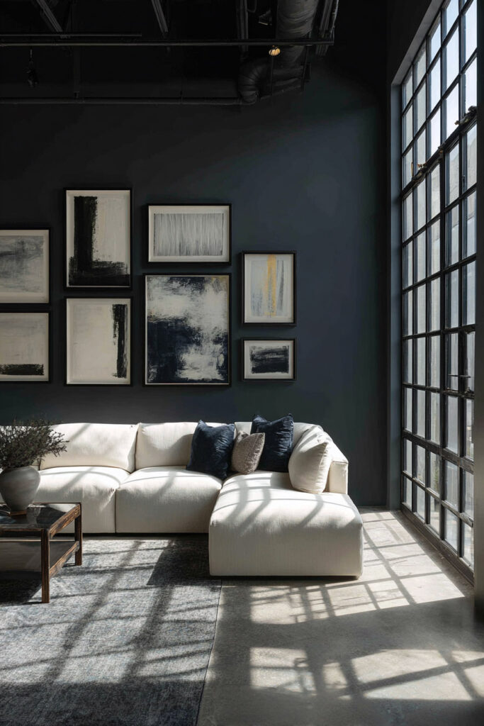 Modern black and white gallery wall with abstract artwork on dark charcoal walls, large windows, and a cream sectional sofa.