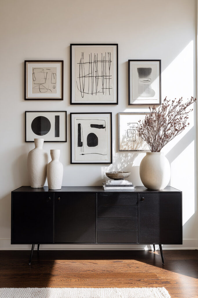 Modern gallery wall featuring black and white abstract art above a black sideboard styled with minimalist ceramic vases and stacked books.