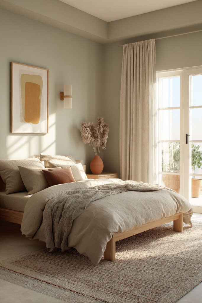 age green bedroom with earthy neutral bedding, terracotta accents, and natural sunlight for a calm desert-inspired look.