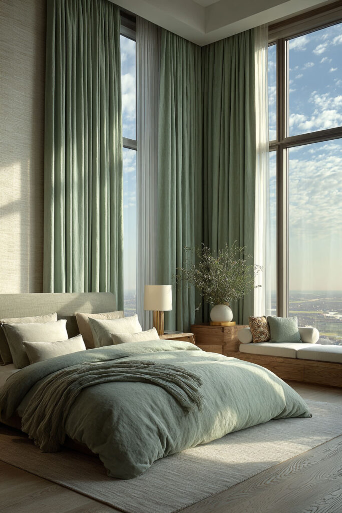 A modern bedroom with sage green floor-to-ceiling curtains, large windows, natural light, and a bed dressed in soft sage bedding with neutral accents.