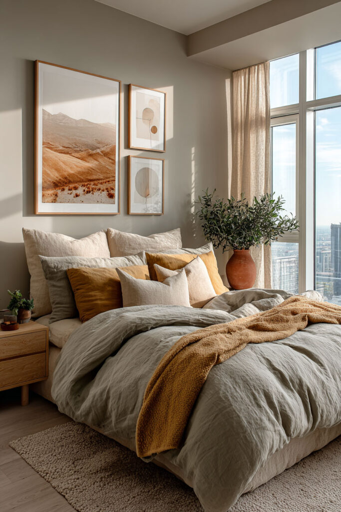 Sage green bedroom with warm mustard and terracotta accents, sunlit neutral bedding, and desert-inspired wall art.