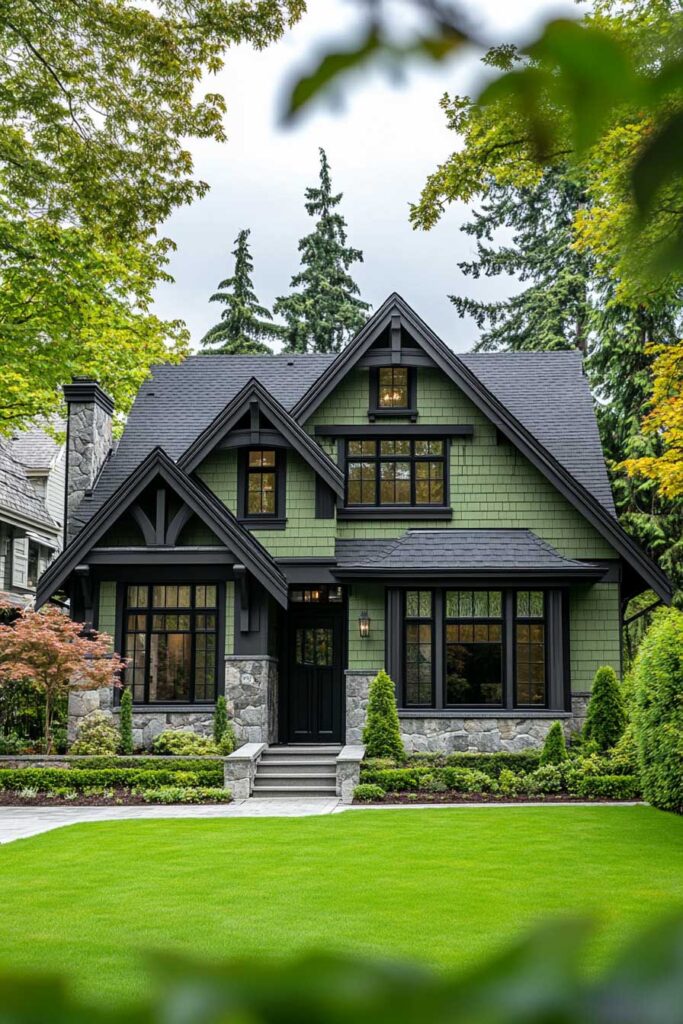Sage green craftsman house with black trim, stone base, and manicured front garden surrounded by trees.
