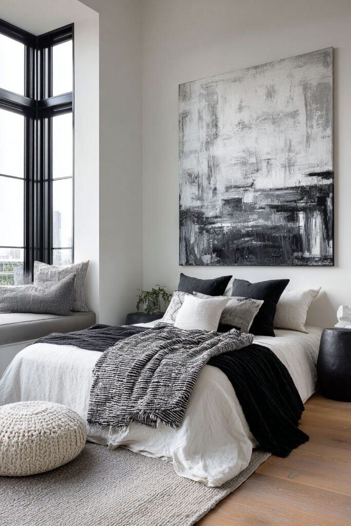 Modern black and white bedroom with a large abstract painting, layered bedding, window bench seating, and cozy knitted and woven textures.