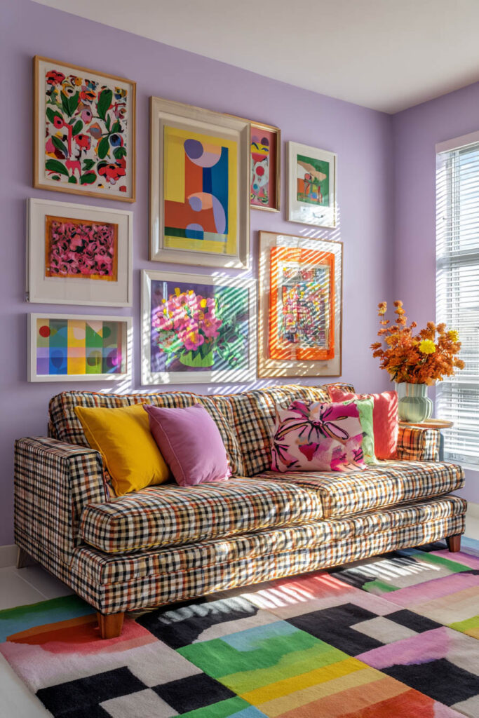 Colorful gallery wall with bold abstract and floral art, plaid sofa with bright pillows, lavender walls, and rainbow rug in a sunny living room.