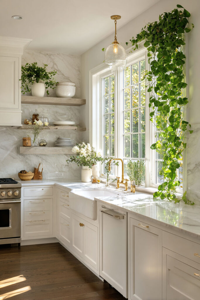 Bright white kitchen with pothos plant by window, marble counters, brass faucet, and natural light for a fresh and elegant look.