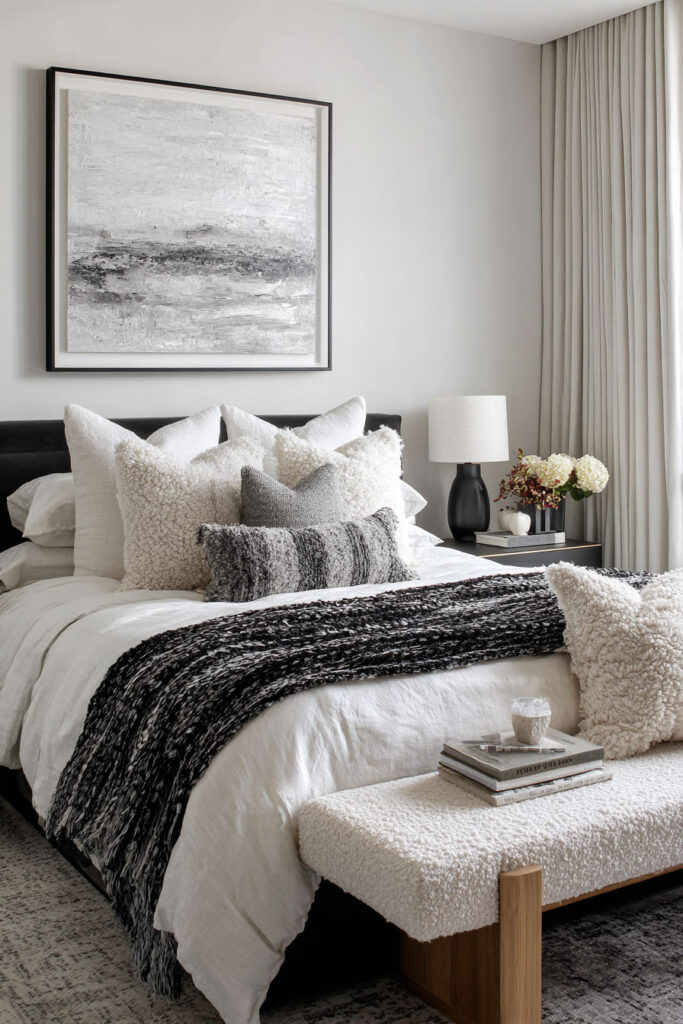 Cozy monochrome bedroom with layered white and gray bedding, boucle bench, black table lamp, and neutral wall art above the bed.