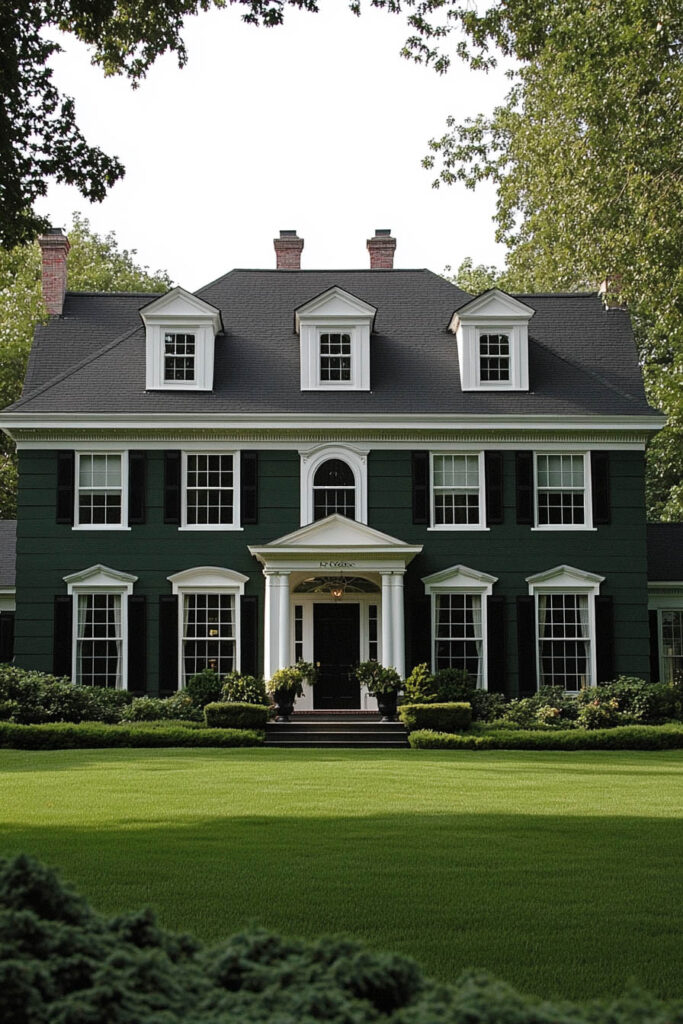 Dark green colonial-style house with white trim, black shutters, dormer windows, and manicured front lawn surrounded by trees.