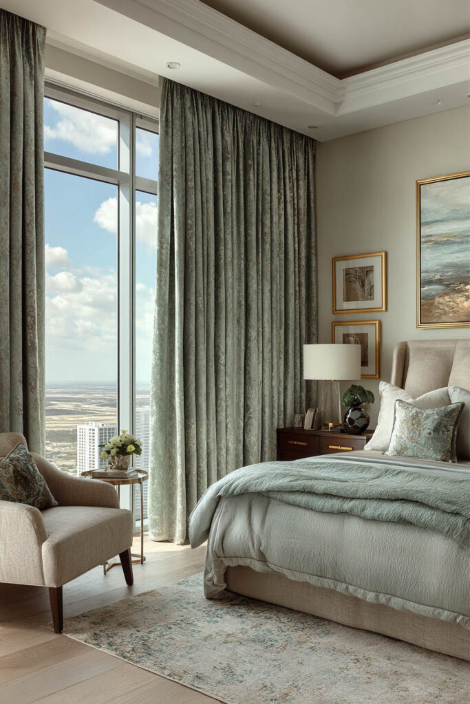 An elegant bedroom with sage green velvet floor-to-ceiling curtains, a soft upholstered bed, and gold-framed artwork creating a sophisticated look.