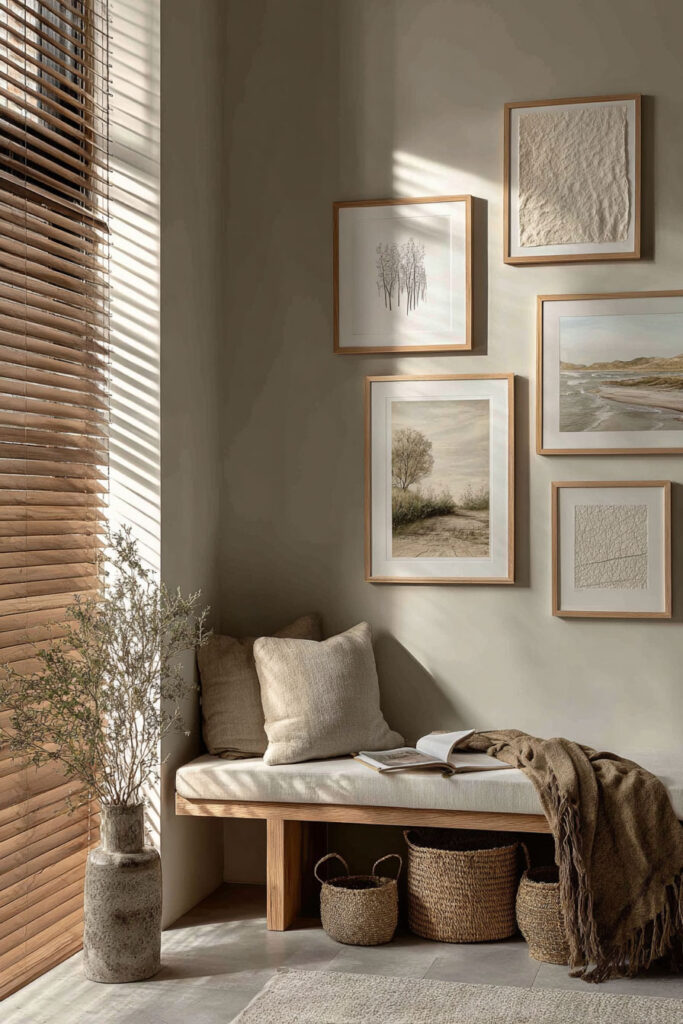 Neutral gallery wall with beige artwork, wooden frames, bench seating, and woven baskets in a Scandinavian-inspired corner.