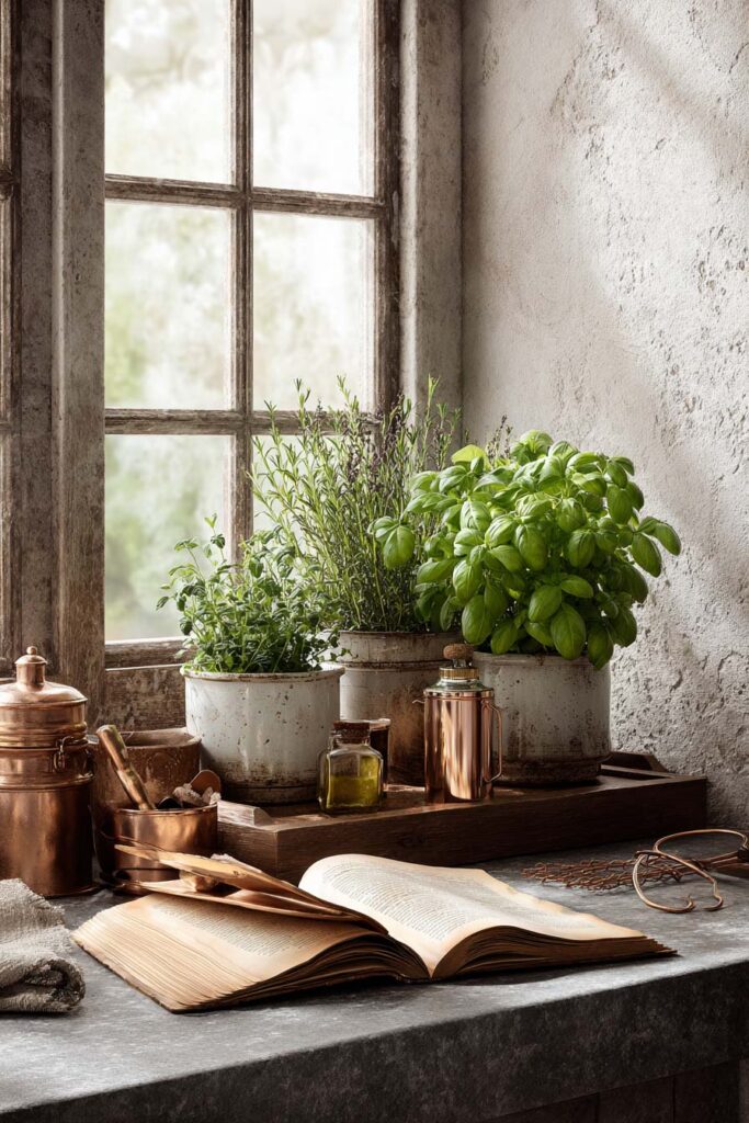 Rustic kitchen windowsill with potted herbs, vintage planters, and copper kitchen accents.