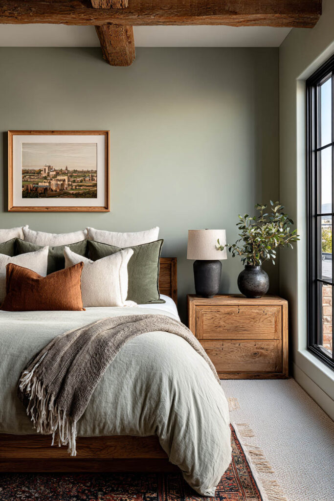 Rustic sage green bedroom with wood beams, natural textures, and earthy neutral bedding for a cozy organic style.