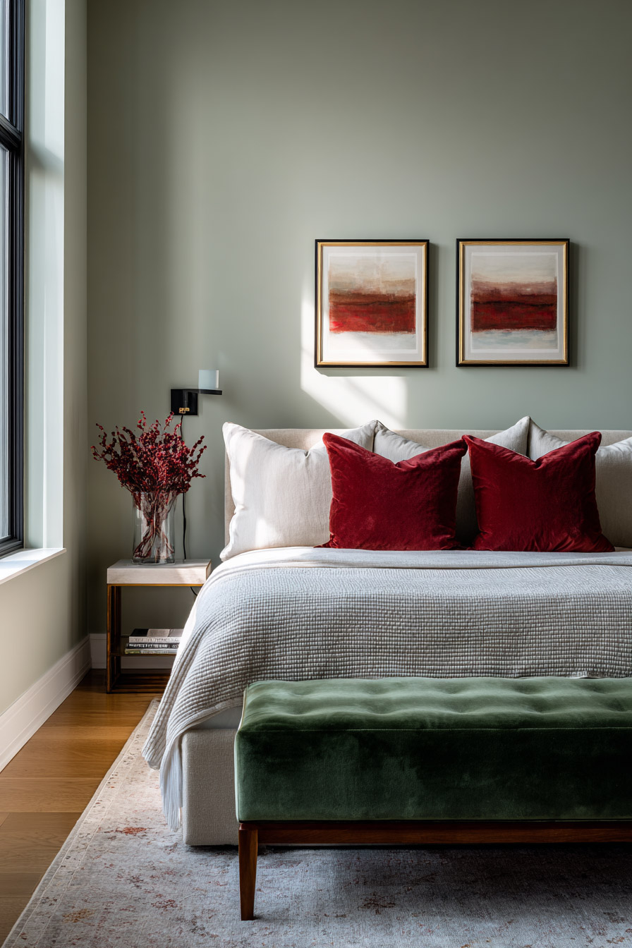 Sage green bedroom with red velvet pillows, emerald bench, and modern wall art creating bold jewel-toned contrast.