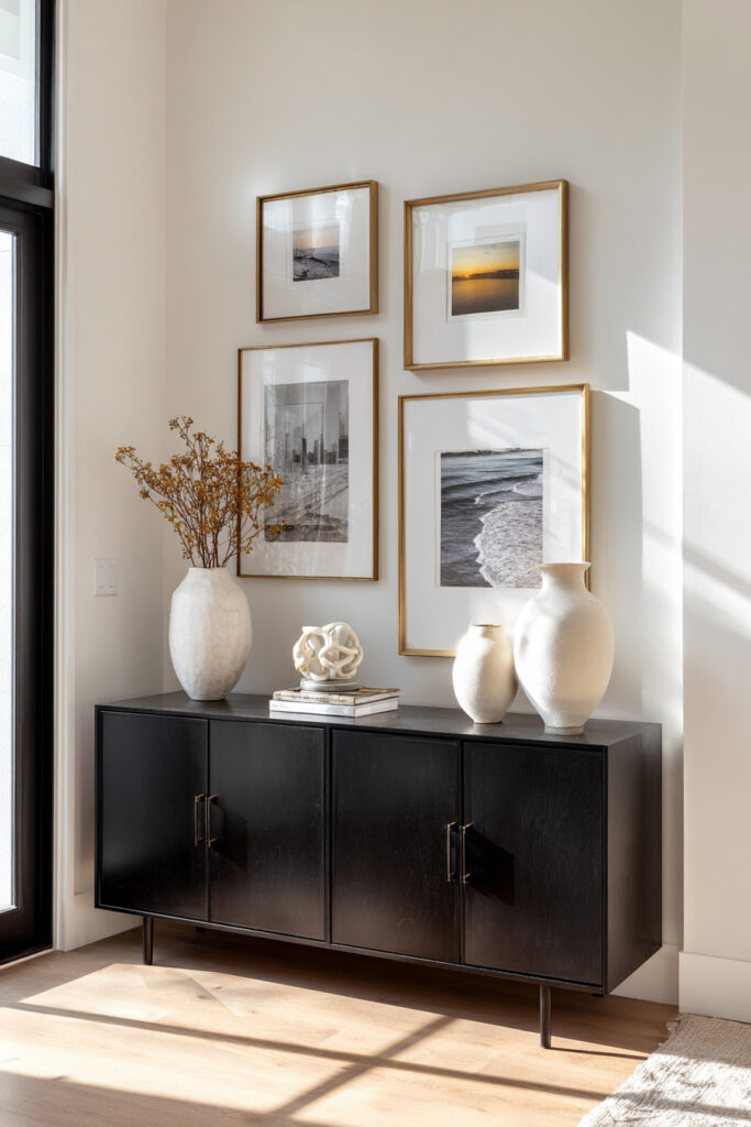 Black console table styled with white ceramic vases and modern gold-framed wall art, bathed in natural sunlight for a warm, minimal look.