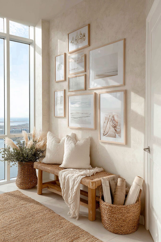 Coastal gallery wall with neutral beach artwork, woven bench, pampas grass, and soft natural light in a minimalist entryway.