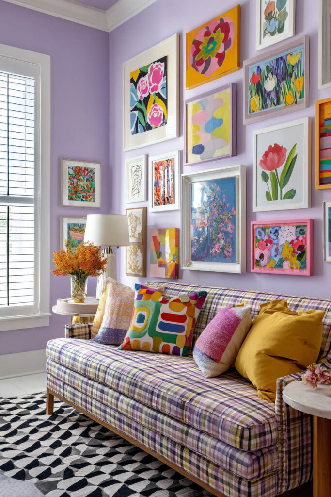 Colorful gallery wall with modern floral and abstract artwork on lavender walls above a patterned sofa with bright pillows.