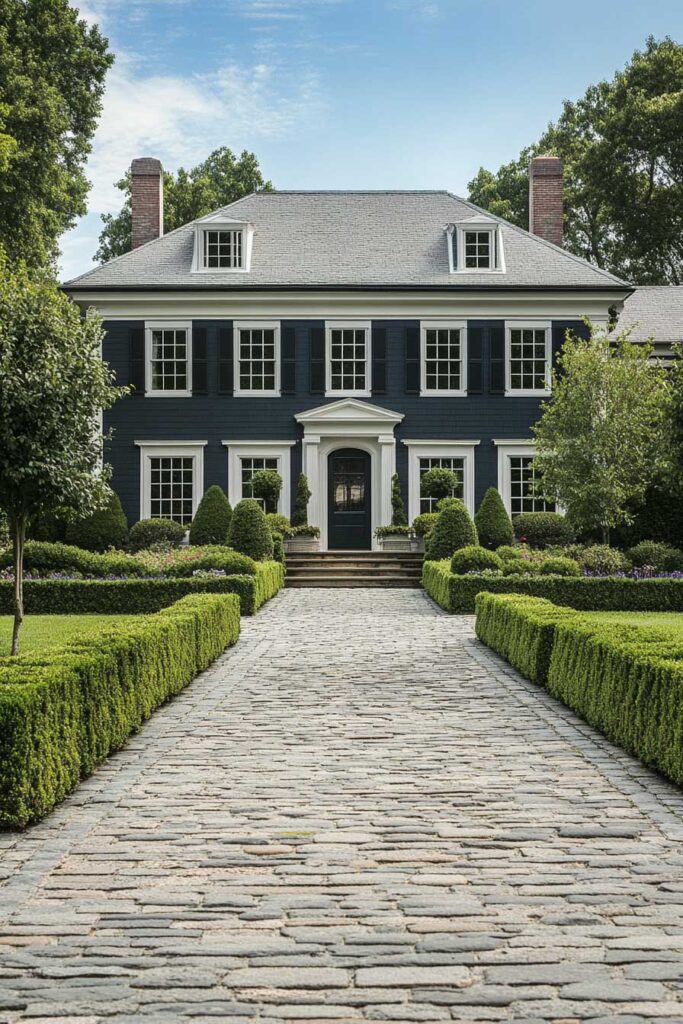 Dark green colonial-style house with white trim, black shutters, cobblestone driveway, and manicured boxwood hedges.