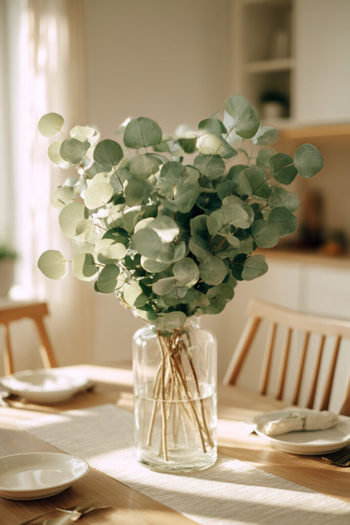 Eucalyptus stems in a glass vase on a dining table in a bright, minimalist dining room with natural light.