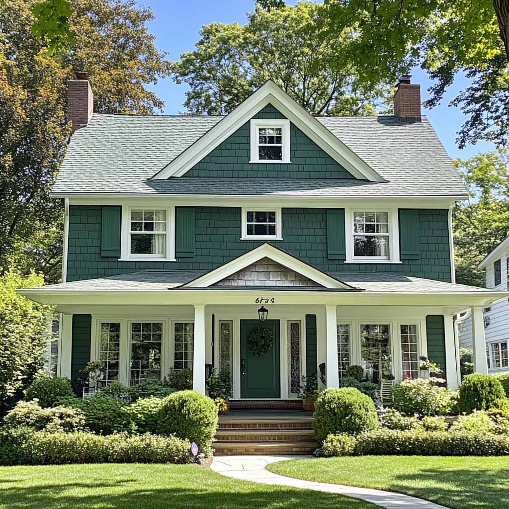 Green colonial-style house with white trim, front porch, dormer window, and manicured landscaping surrounded by trees.