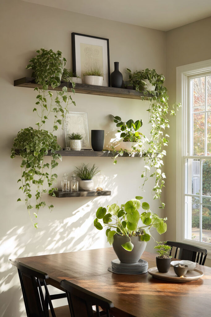 Dining room with indoor plants on floating shelves and table, featuring ivy and pilea in natural light for fresh, cozy home decor inspiration.