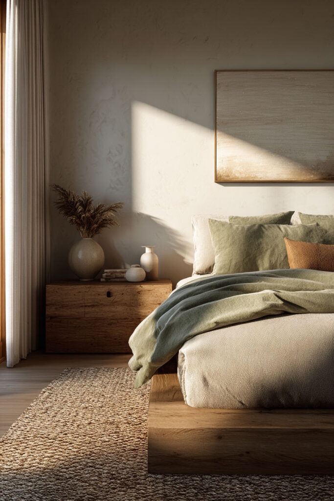 Sage green and beige bedroom with natural sunlight, organic textures, and desert-inspired neutral decor.