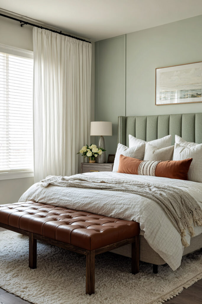 A modern sage green bedroom featuring a tall upholstered headboard, soft white bedding, a rust-colored lumbar pillow, and a leather bench at the foot of the bed.