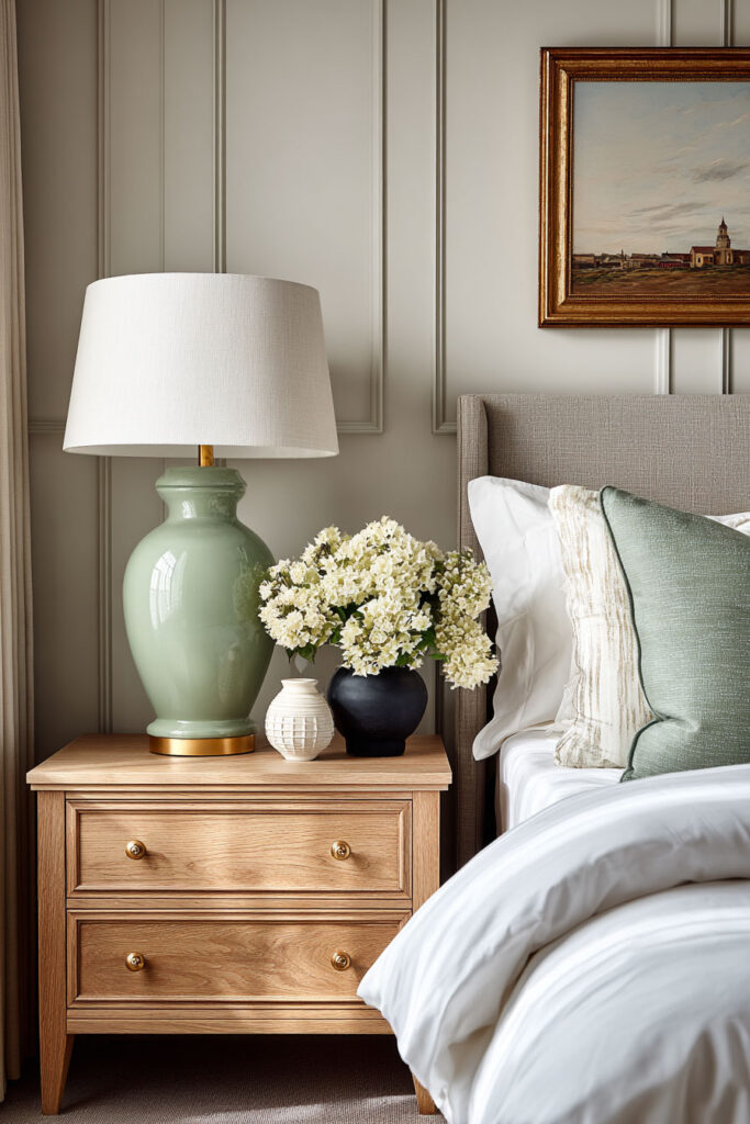 Sage green bedside lamp on wooden nightstand with fresh flowers and neutral bedding in a cozy, elegant bedroom.