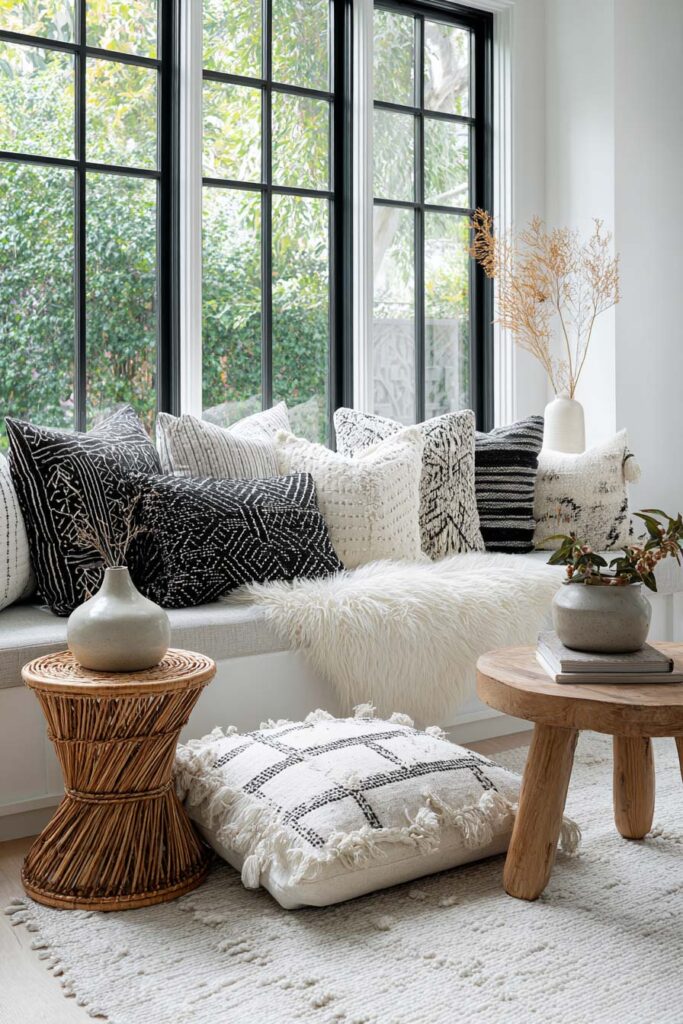 Neutral window seat with black and white patterned pillows, natural textures, and a cozy layered look in a Scandinavian-inspired space.