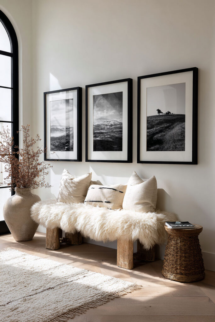Cozy corner with a rustic wooden bench covered in a faux fur throw beneath a black and white photography gallery wall, styled with neutral pillows and natural textures.