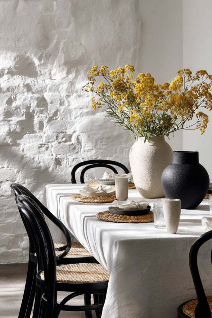 Elegant black and white dining table with textural elements, featuring rattan placemats, matte ceramic vases, and yellow florals against a textured white wall.