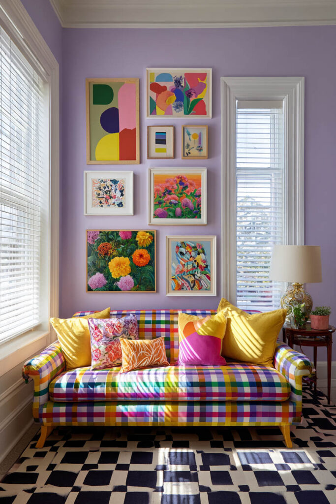 Colorful gallery wall with abstract and floral artwork on lavender walls above a bright plaid sofa with colorful throw pillows.