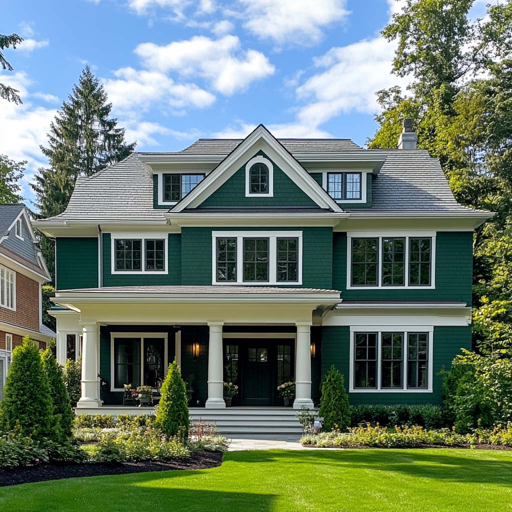 Large green traditional home with white columns, manicured lawn, and symmetrical front design under a blue sky.