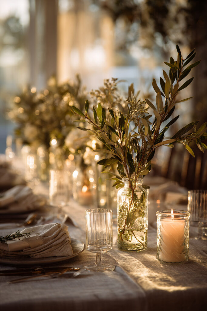 Dining table with greenery in glass jars and candlelight creating a cozy, natural, and elegant plant-inspired table decor scene.