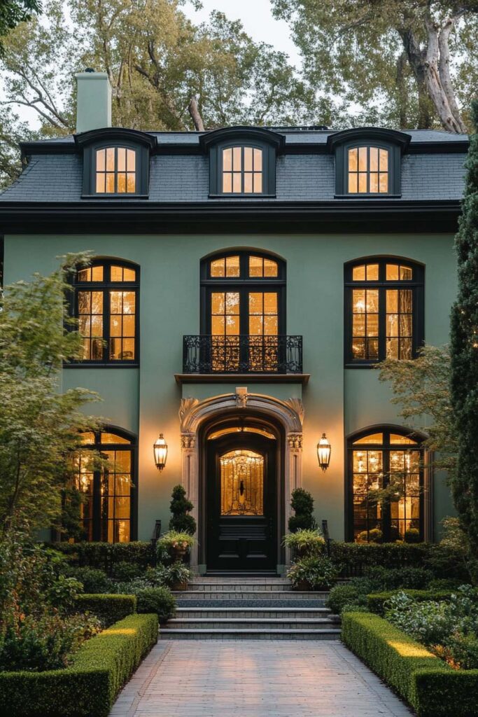 Elegant green European-style house with black trim, arched windows, ornate entryway, and warm interior lighting surrounded by manicured hedges.