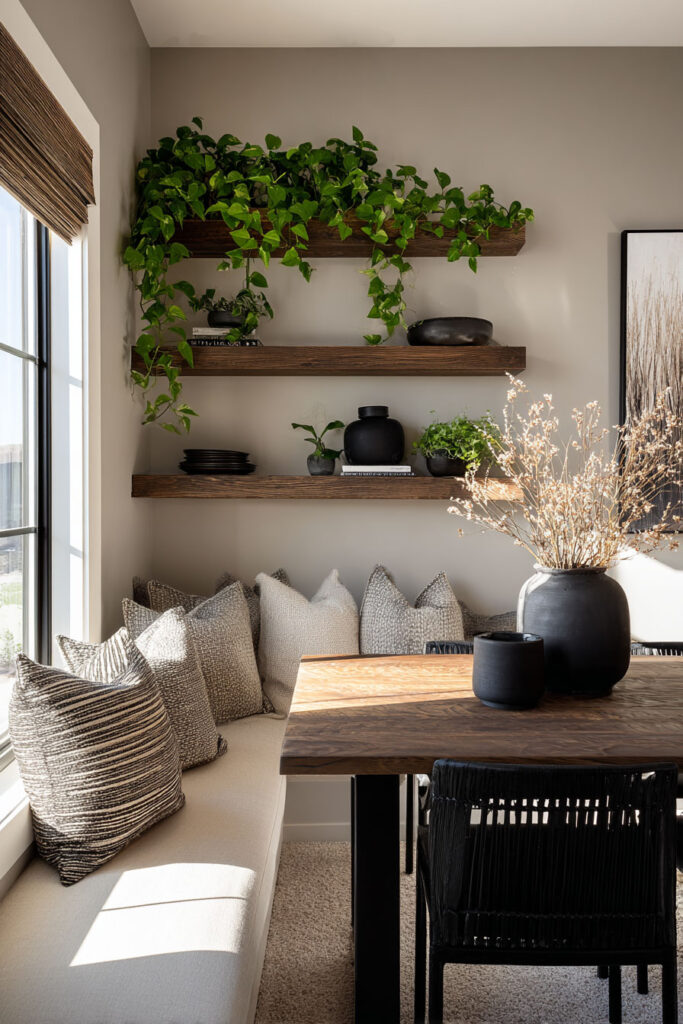 Modern dining nook with cascading indoor plants on wooden shelves, neutral pillows, and natural light creating a cozy and stylish space.