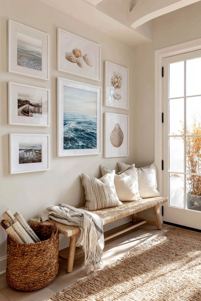 Neutral coastal gallery wall with ocean and seashell prints, white frames, woven bench, and cozy neutral pillows in a sunlit entryway.