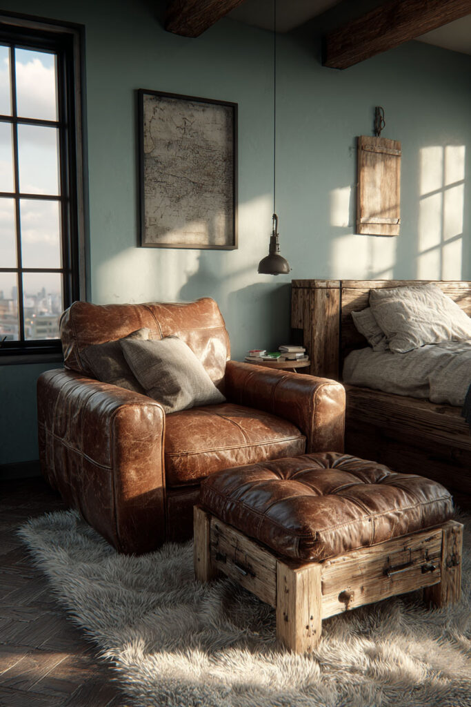 A rustic sage green bedroom featuring a worn leather armchair with matching ottoman, wooden bed frame, and cozy layered textures.