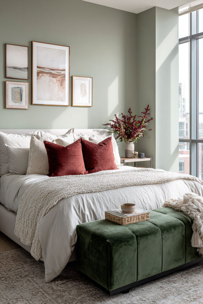 Sage green bedroom with burgundy and forest-green accents, natural light, and modern wall art for a bold yet cozy design.
