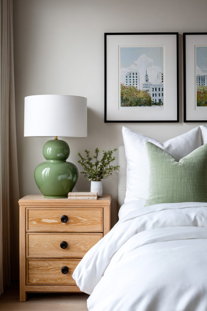 Bedroom with sage green lamp on wooden nightstand, white bedding, and minimalist wall art for a cozy, fresh look.