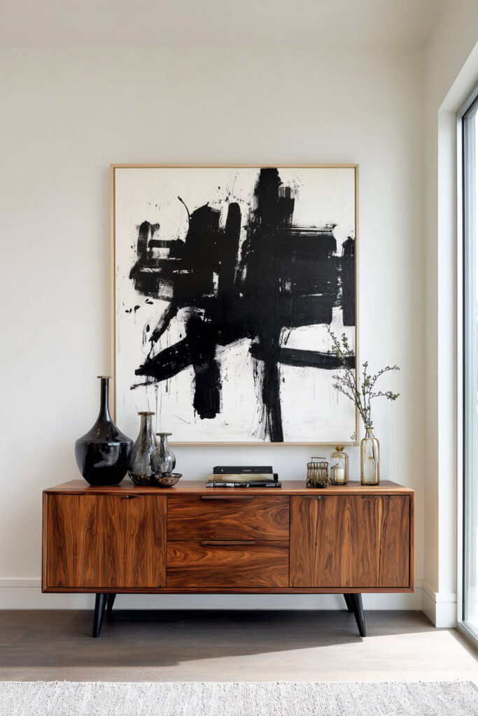 Modern console table with abstract black and white wall art, styled with black vases, glass decor, and wood cabinetry for bold monochrome decor.