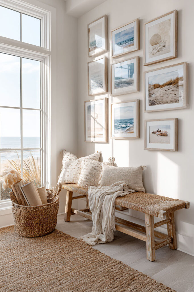 Coastal gallery wall with beach photography in light wood frames above a woven bench with neutral pillows and ocean view.